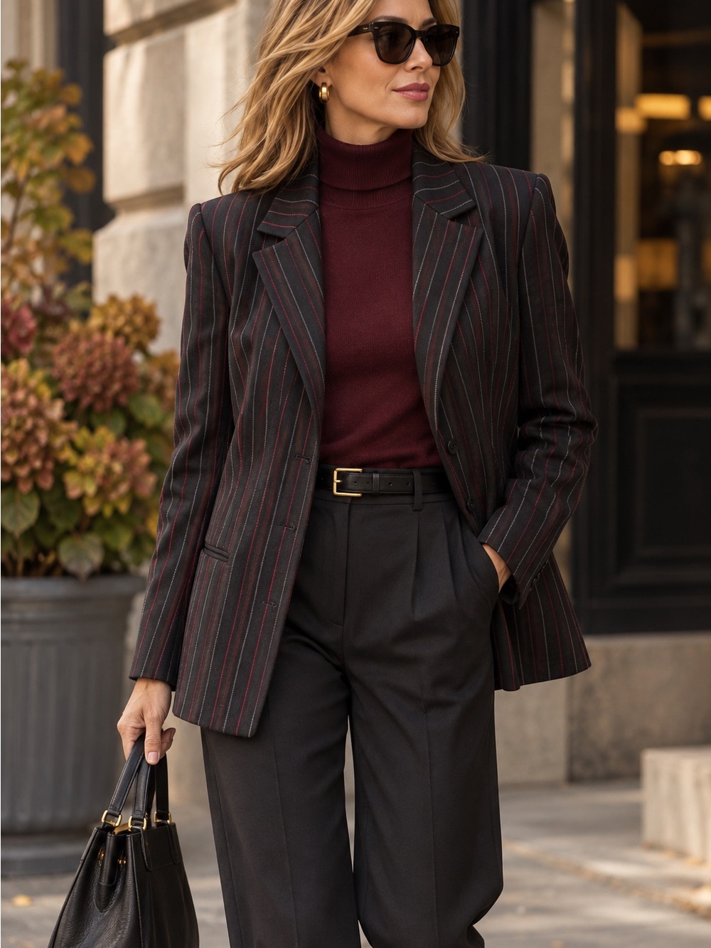 Vintage L Miss Accent Act III Pinstripe Blazer Black Burgundy 90s Made USA